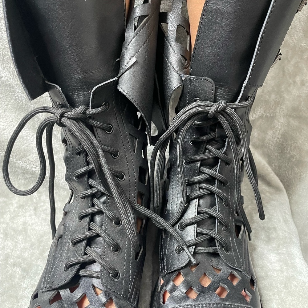 Black Laser Cut Caged Combat Boots EU 42 US 10 Faux Leather Lace Up Buckle - Picture 7 of 12